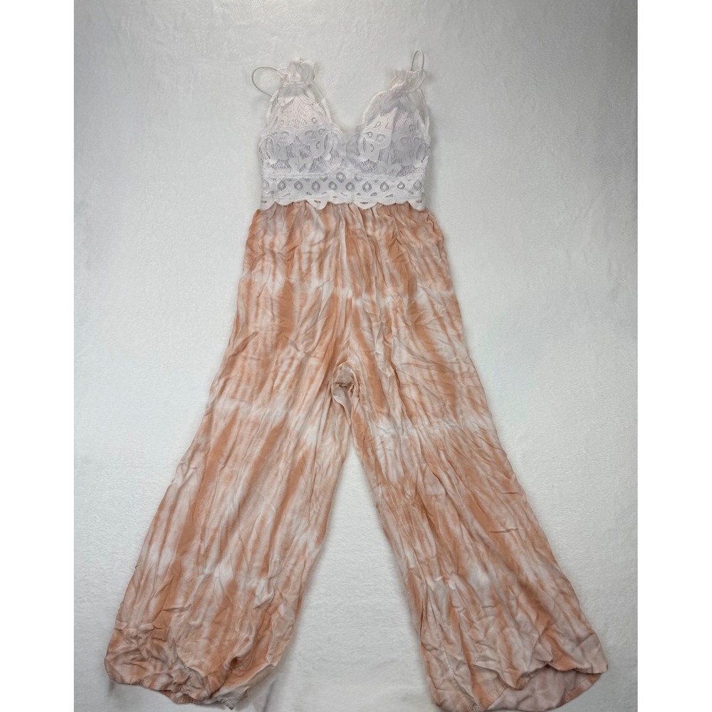 Vine and Valley Womens Lace Top Tie Dye Wide Leg Jumpsuit Peach White Large Boho